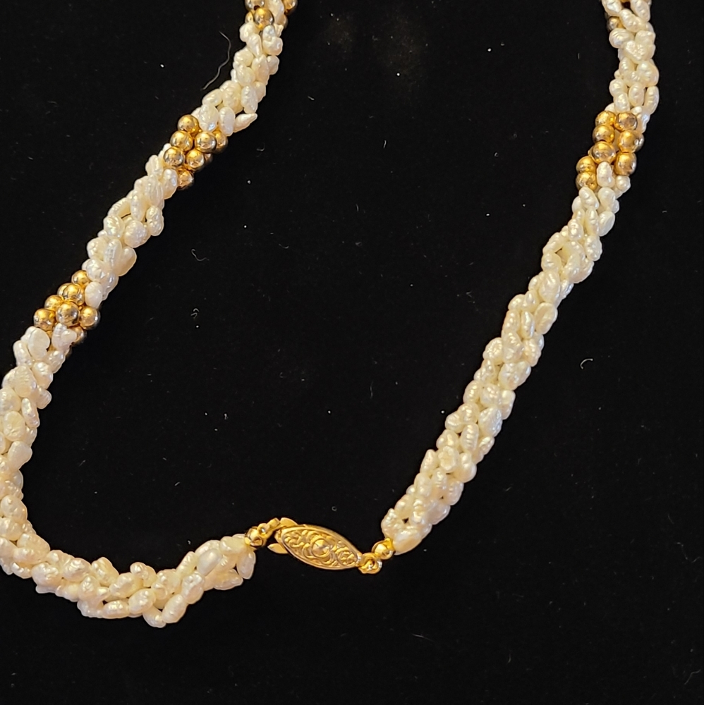 Vintage 4 Strand Baroque Freshwater Pearl Necklace w/ Gold Beads & Ornate Clasp